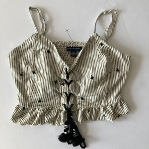 AEO Women's Embroidered Lace Up Beaded Tassel Ruffle Camisole Tank Top Medium